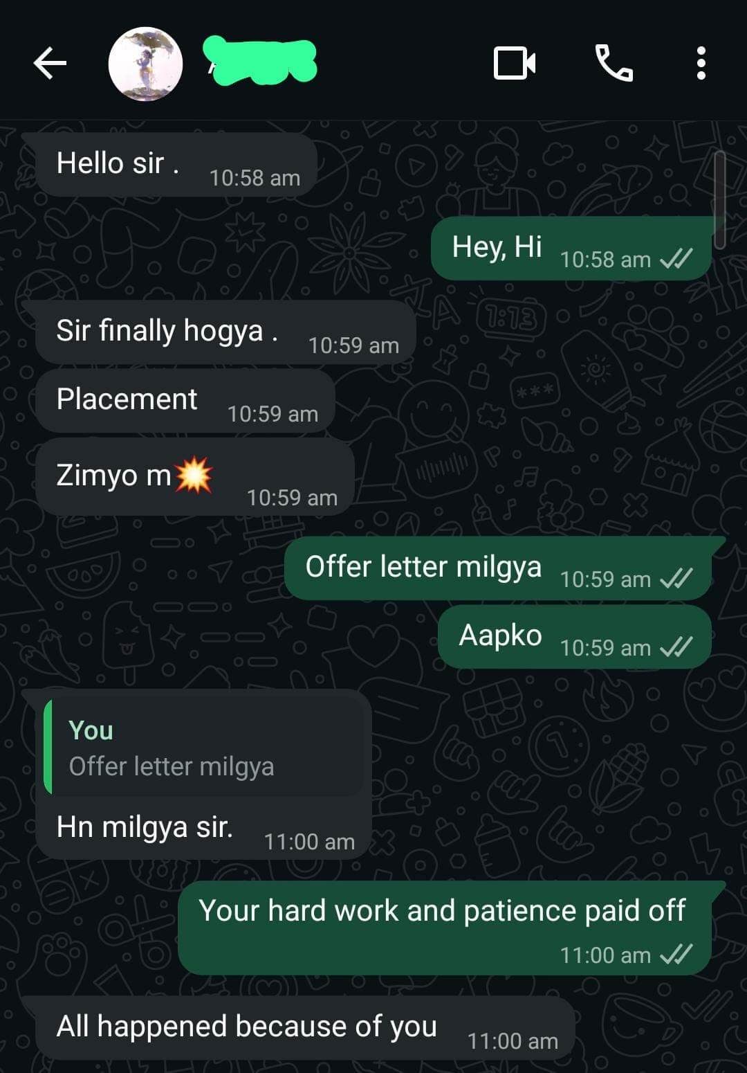 Student sharing their placement offer at Zimyo over WhatsApp