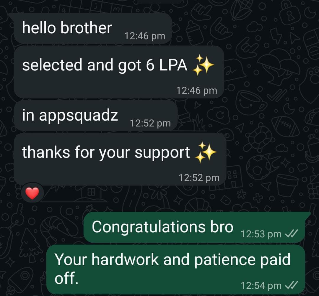 Student sharing their 6 LPA offer at Appsquadz over WhatsApp