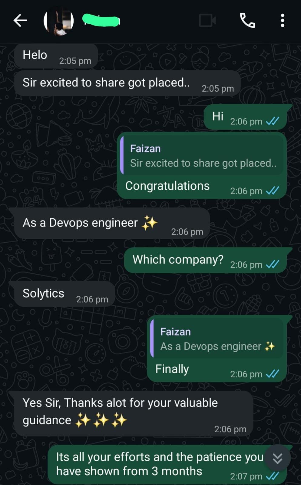Student sharing their DevOps Engineer placement at Solytics over WhatsApp