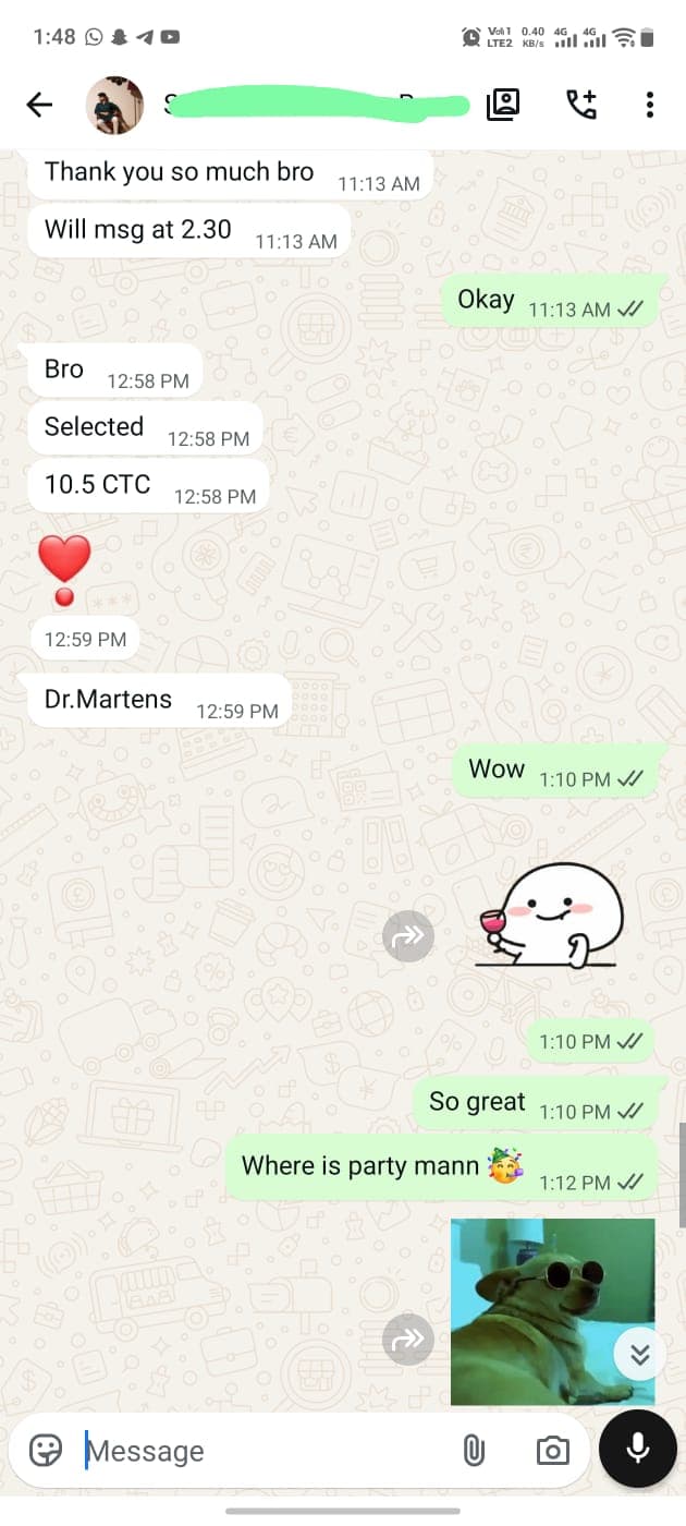 Student sharing their 10.5 LPA offer at Dr. Martens over WhatsApp