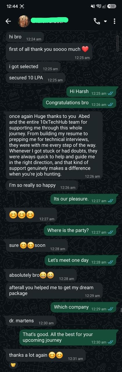 Student thanking the team after securing a 10 LPA offer at Dr. Martens